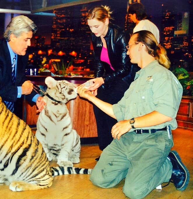 Kate Winslet petted a a golden and a white tiger cub.